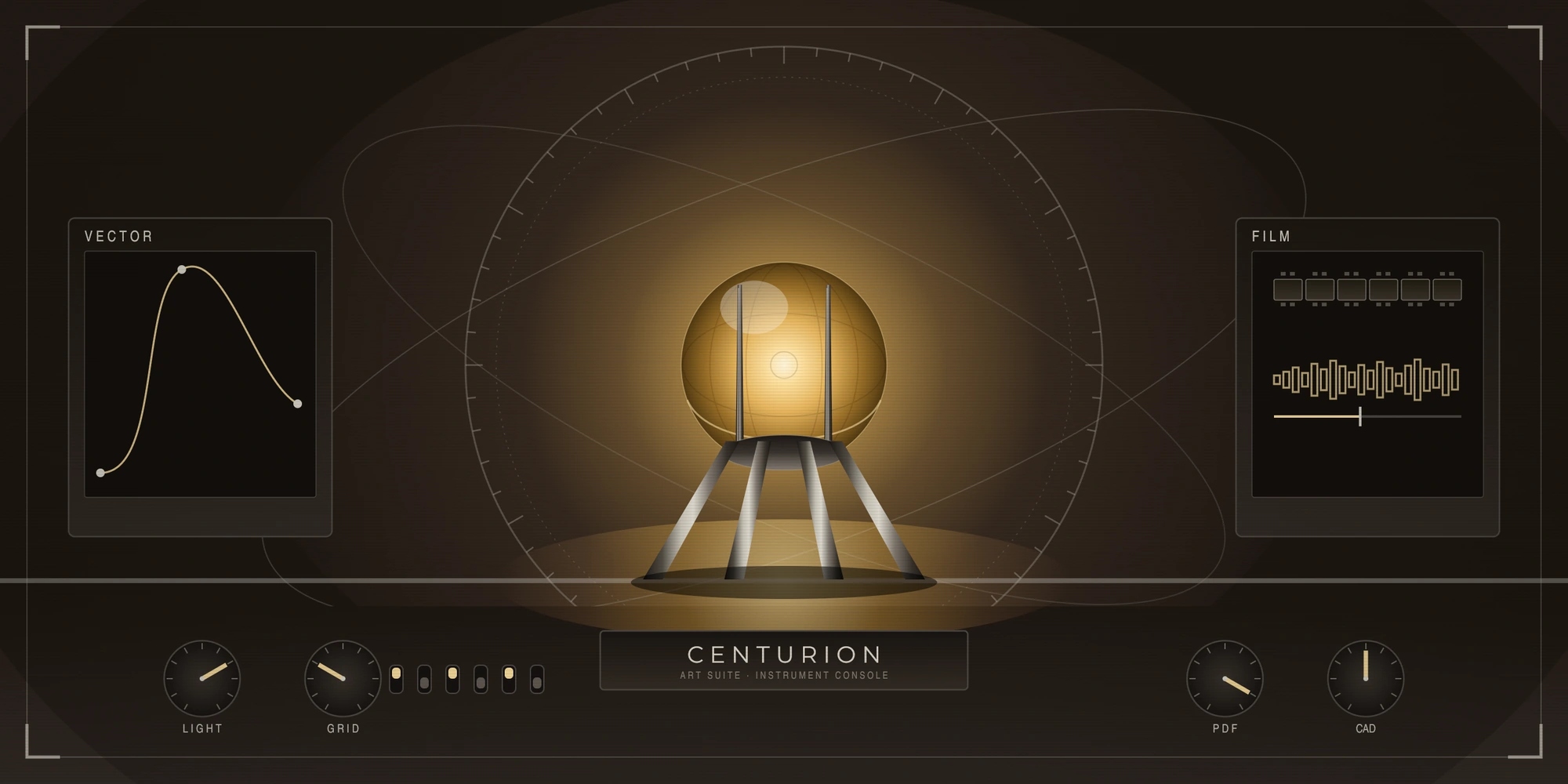 A Centurion at the centre of a retrofuturist instrument console, its amber glass globe glowing above a bank of dials, screens and engraved plates — VECTOR, FILM, LIGHT, GRID, PDF, CAD